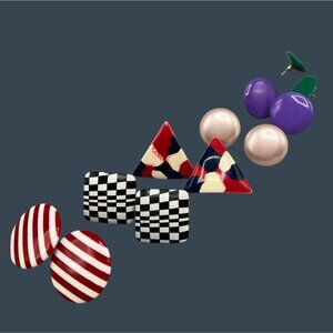 80s Rocker Glam Earrings Geometric & Colorful Designs 6 Pair Plastic & Metal